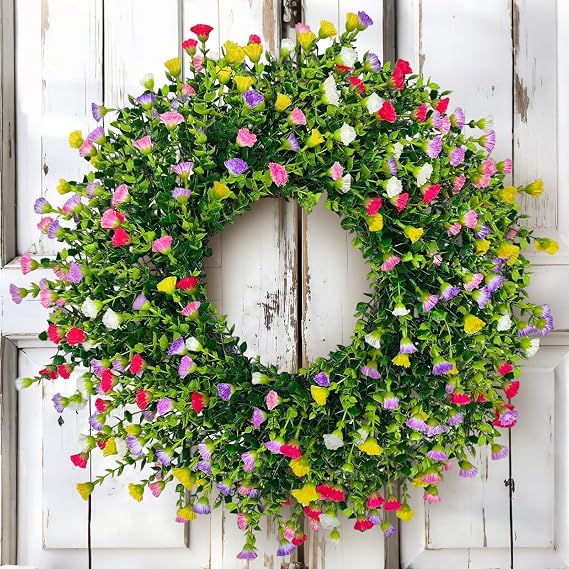 Spring Summer Wreaths for Front Door, 22 Inch Large Farmhouse Colorful Cottage Wreath, Extra-Full 378 Silk Artificial Carnation Floral Wreath, Blossom & Greenery Hanging for Porch, Home Decorations