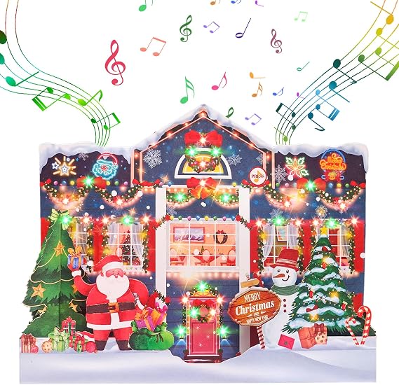 MZD8391 Christmas Card with Music Lights,3D Pop Up Christmas House Card | Play 3 Christmas Songs, 40 Green Red Lights Dance, 3 Twinkle Modes, Musical Christmas Cards Gift For Women Men Mother Kids