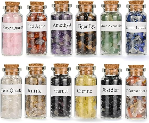 SIMDAO 12Pcs Crystals Gemstone Bottles Set, Healing Crystal Tumbled Stones Collection Kit Natural Quartz Gravel Wishing Bottle, Reiki, Healing, Meditation, DIY Decorations
