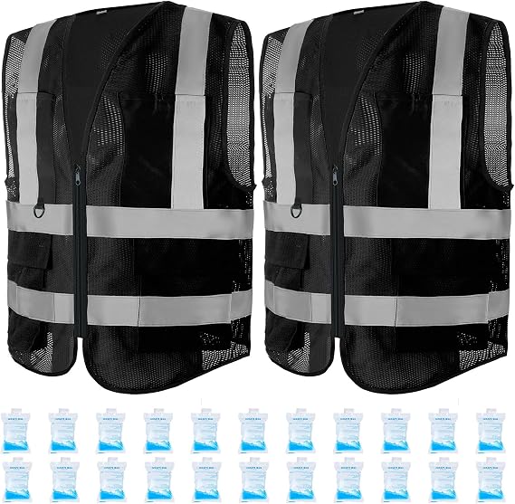Jexine 2 Pcs Cooling Vest for Men Women, 24 Pcs Ice Packs, Adjustable Ice Vest Cool Jacket for Hot Weather Summer Work Running (Black, Simple Style)