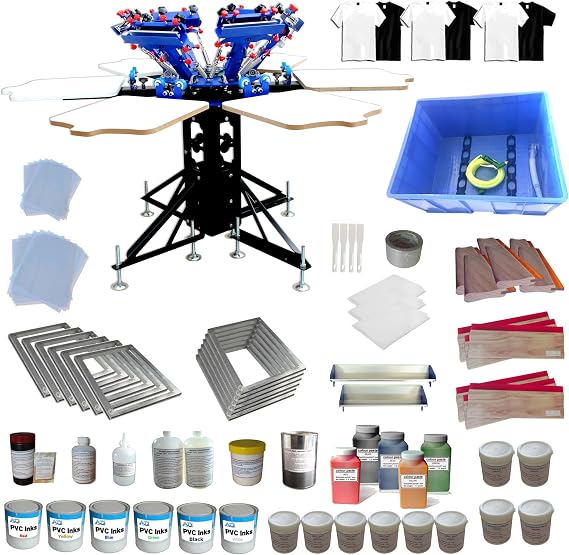 Screen Printing Kit 6 Color 6 Station Micro-Registration with Accessories Washout Tank Squeegee Mesh Frame