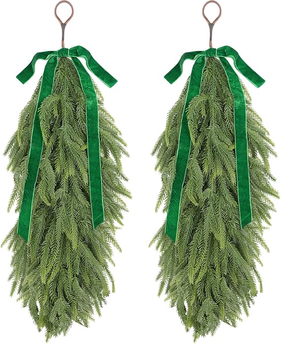 2 Pcs Artificial Christmas Teardrop Swag 28" Faux Norfolk Pine Needles Branches Reusable Hanging Greenery Wreath with Velvet Bow for Holiday Door