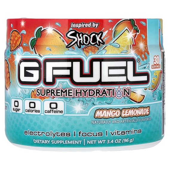 G Fuel Mango Lemonade Supreme Hydration, Electrolyte Powder Mix for Energy & Focus, Sugar and Caffeine Free Supplement with Essential Vitamins & Minerals, Mango Lemonade Flavor, 3.4 oz - 30 Servings