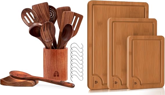 Wooden Spoons for Cooking Set of 12 with Holder, Spoon Rest, Hooks & Wood Cutting Boards Set of 3 - Durable Teak Wood Utensils for Nonstick Cookware - Sturdy Babmboo Cutting Boards with Juice Grooves