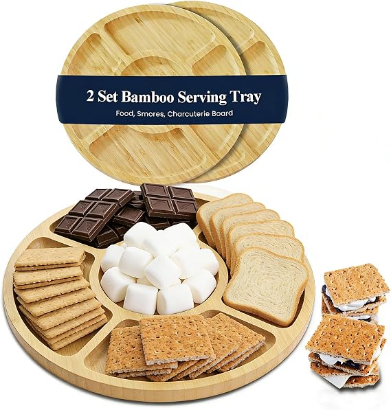 KORNIFUL Bamboo Serving Tray 2 Pack, Modern Round Wooden Platters for Food, Party, Smores, Breakfast, Decorative Tray for Living Room Kitchen Counter