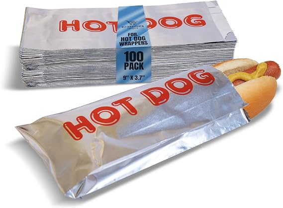 Better Kitchen Products Foil Hot Dog Wrappers, 9" x 3.7", Insulated Grease Resistant Hot Bag Sleeves, Disposable Foil Paper Hot Dog Bags (100 Pack)