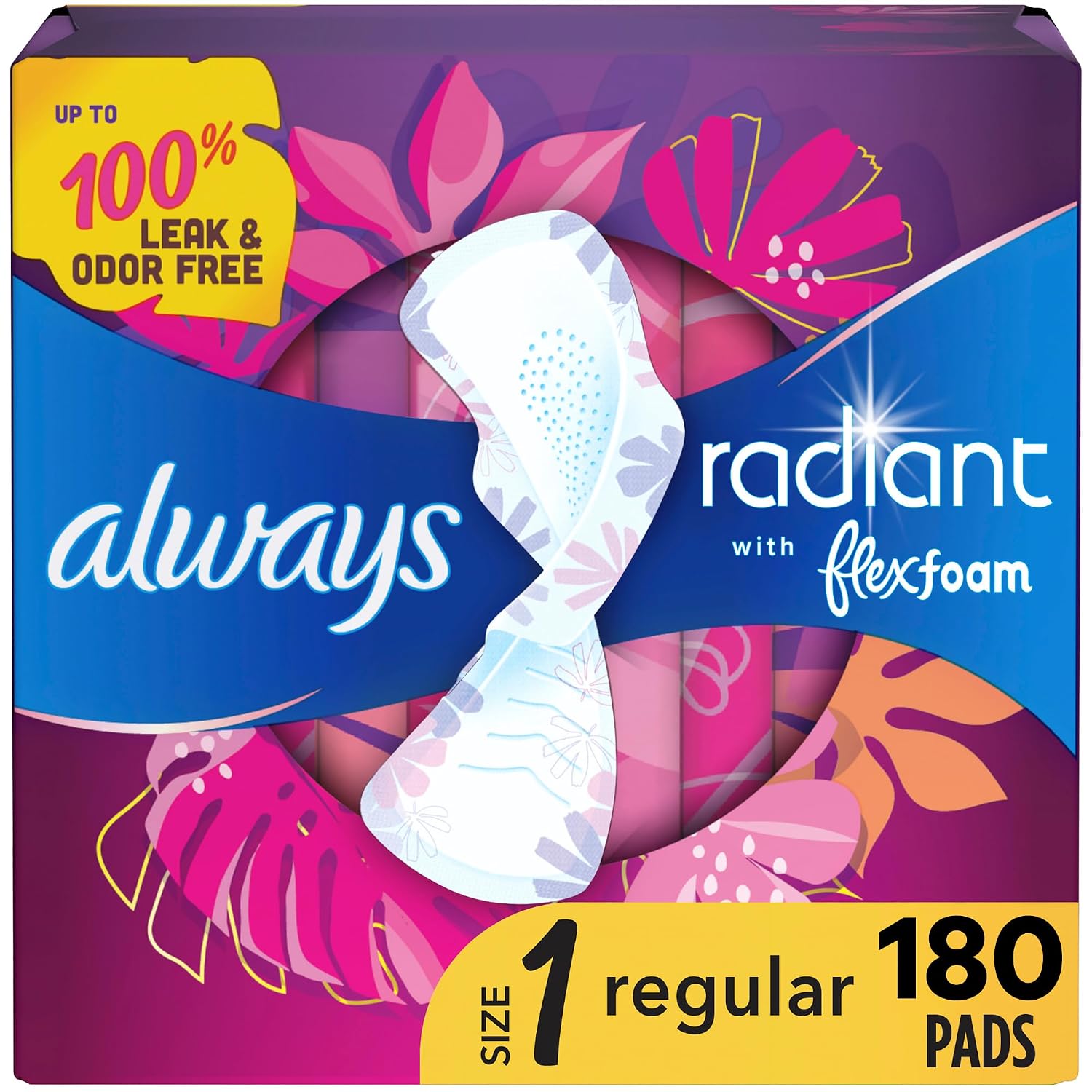Always Radiant Feminine Pads for Women, Flexfoam Pads with Wings, Size 1, Regular Absorbency, Lightly Scented, 180 Count 6 Packs of 30