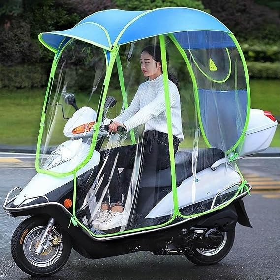 Fully Enclosed Electric Car Transparent Canopy, Motorcycle Rain Cover,Universal Motor,Scooter,Cycling Bike Sun Shade Rain Cover,Waterproof Umbrella (Blue A)