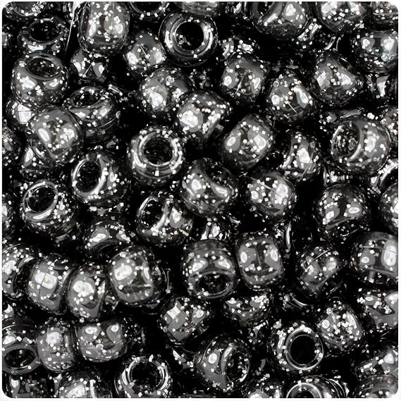 BeadTin Jet Sparkle 9mm Barrel Pony Beads (500pc)
