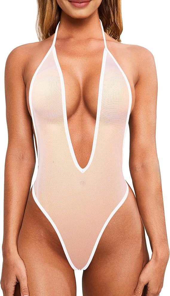 SHERRYLO One Piece Swimsuit Sheer Bodysuit See Through Thong Monokini