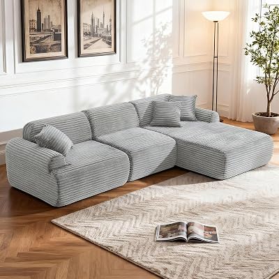 cinkehome 105 Modular Sectional Sofa, L-Shaped Convertible Couch with 40D Memory Foam, Washable Corduroy Fabric, Deep Seat Couches for Living Room and Apartment Grey, Right Facing Chaise