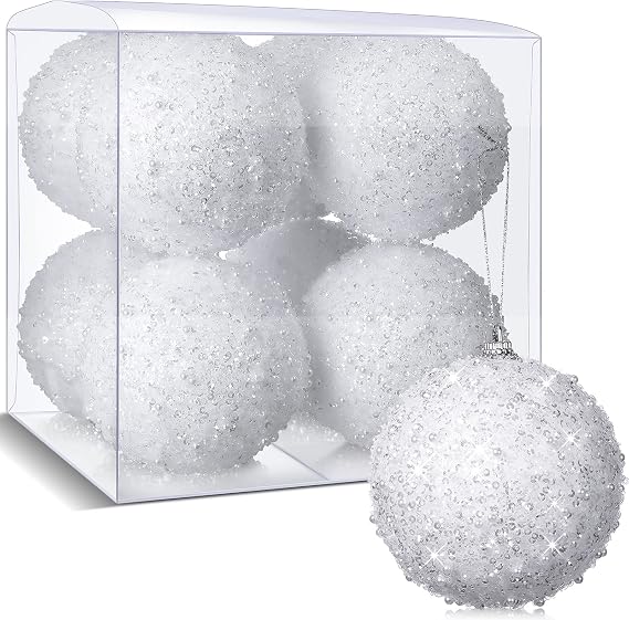 BBTO 8 Pcs Christmas Ball Ornaments Glitter Sequin, White, 4 Inch