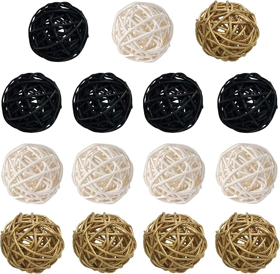 Pack of 15 pcs Mixed Gold Black White 2" Wicker Rattan Balls Decorative Orbs Vase Fillers for Craft Project,Wedding Table Decoration,Themed Party,Baby Shower,Aromatherapy Accessories,Orbs Vase Fillers