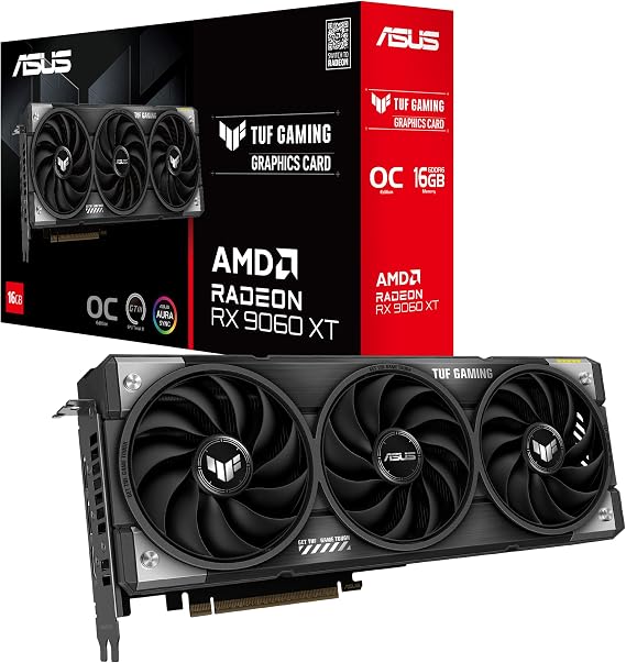 ASUS TUF Gaming AMD Radeon RX 9060 XT 16GB GDDR6 OC Edition Graphics Card, (PCIe 5.0, HDMI/DP 2.1, 3.125-slot, Military-Grade Components, Protective PCB Coating, axial-tech Fans),