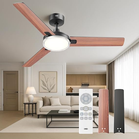 DREO Bedroom Ceiling Fan with Lights, Quiet DC Motor, 22db,Quick-Install, Powerful Airflow, 6 Speeds with Remote, Reversible, 6-Level Dimmable, 5CCT, Black,52" Indoor/Outdoor