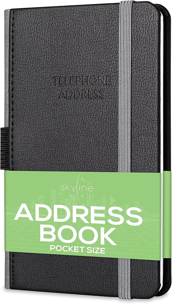 Skyline Small Address Book with Alphabetical Tabs & Pocket, Black