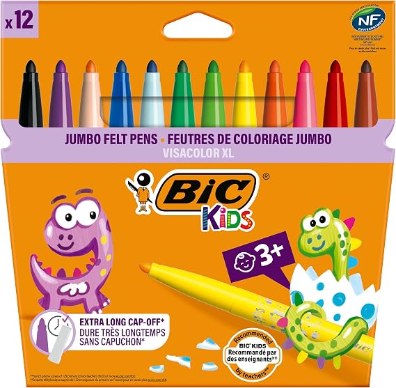 BIC Kids Visa Color XL Felt Dye Pen 12 Colors, Water Based Ink Easily Removes Most Fabrics, Ideal for Kids Ages 3 and Over