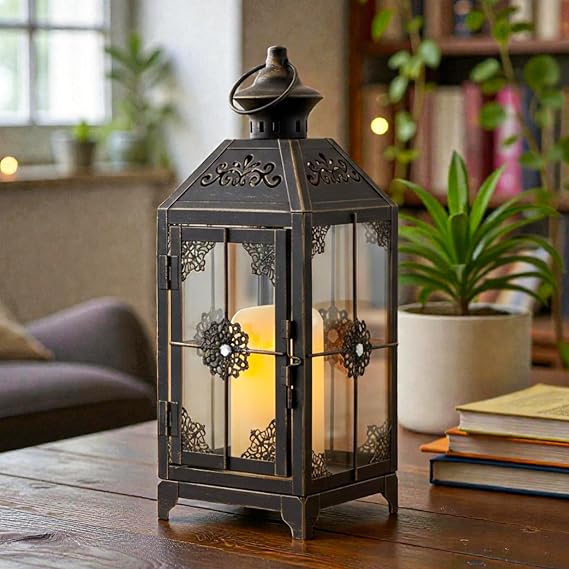 JHY DESIGN 34cm Black Candle Lantern, Vintage Distressed Metal & Tempered Glass Holder, Decorative Hanging Lantern for Mantelpiece, Garden Room, Covered Porch, Wedding, Gift, Candle Not Included