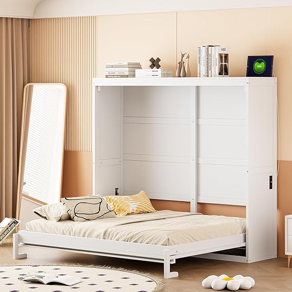 P PURLOVE Full Size Murphy Bed,Space Saving Wall Bed can Be Folded into a Cabinet,Solid Wood Murphy Beds for Guest Room,Home Office,White