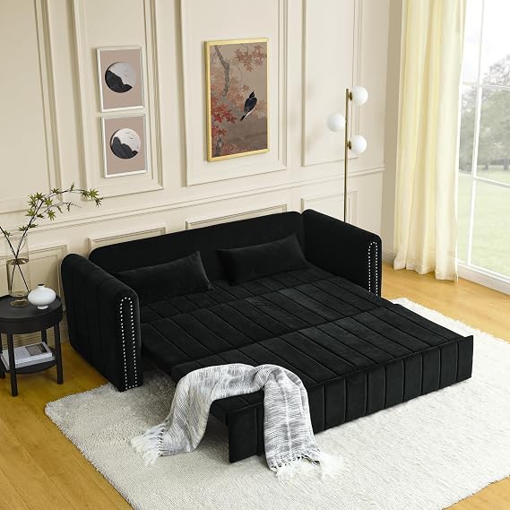3 in 1 Pull Out Bed Sleeper, Modern Upholstered 3 Seats Lounge Sofa Couches with Rolled Arms Decorated with Copper Nails, Convertible Futon 3 Seats Sofabed with Two Drawers and Two Pillows