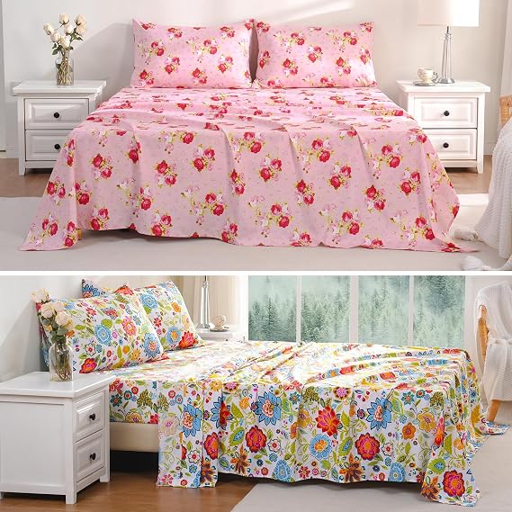 Bedlifes Floral Sheets Set Queen Red Rose and Spring Pattern Sheets Set Queen