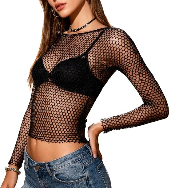 Women's Fishnet Long Sleeve Tops Blouse Mesh T-Shirts for Women Men Rave Outfit