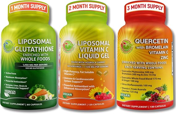 Daily Immune & Antioxidant Support Bundle Liposomal Vitamin C 1100mg Liquid Gel + Liposomal Glutathione 500mg + Quercetin with Bromelain, Zinc & Whole Food Blend Non-GMO, Maximum Absorption