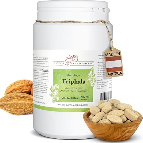 Triphala Tablets of 480 mg Active Ingredient (Triple Fruit Haritaki Amalaki and Bibhitaki) 1000 Tablets Premium Quality Made in Austria Tablets Instead of Capsules Vegan