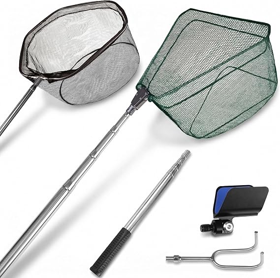 Yeahmart Telescoping Fishing Net, 61" Foldable Landing Net with 2 Interchangeable Heads & Rescue Hook, 4-in-1 Long Handle Fish Net for Kayak, Boat, Bass, Freshwater & Saltwater Fishing Gear