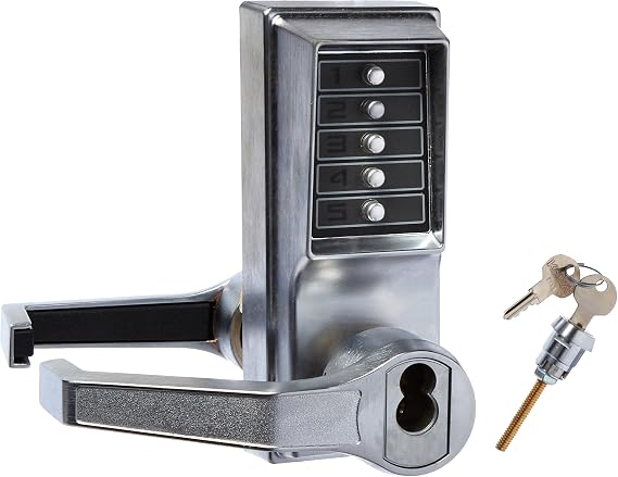 Kaba Simplex L1000 Series Metal Mechanical Pushbutton Cylindrical Lock with Lever, Key Override, 13mm Throw Latch, Floating Face Plate, 70mm Backset, R/C Sargent, Core Not Included, Satin Chrome Finish, Left Hand