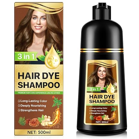 Hair Dye Shampoo 3 in 1 500 ml Hair Dye Shampoo Hair Colouring for Grey Hair Hair Colour Shampoo Instant Hair Shampoo for Men Women (Brown)