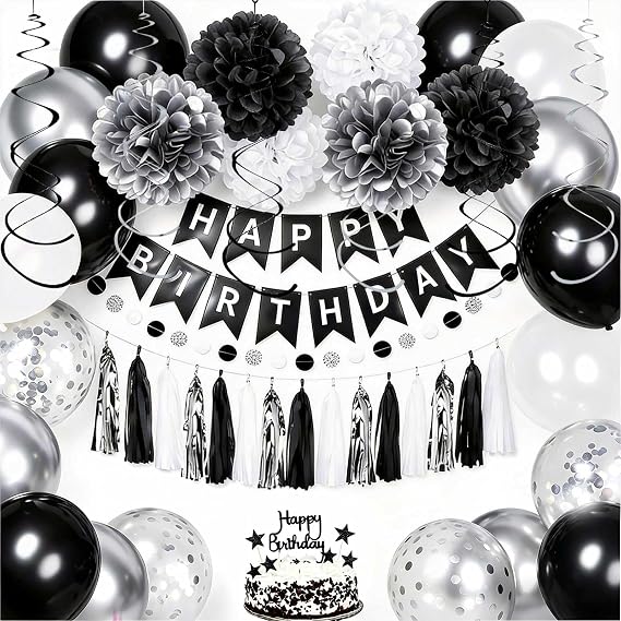 Black Silver Birthday Decorations for Men, Happy Birthday Party Supplies