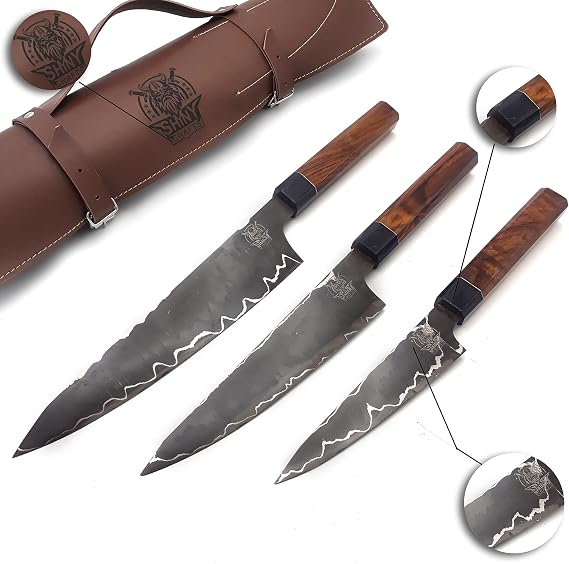 | Custom Handmade Rare San Mai Steel Kitchen Knife Set with wood handle and Mix Steel Blade, Chefs Knives set with Leather Pouch Roll and High Tempered Razor-Sharp Blade (CS-08)