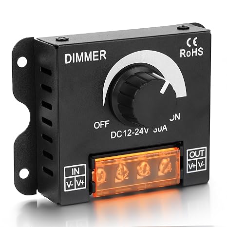 LED Light Strip Dimmer DC 12V-24V, 30A PWM Dimming Controller with Adjustable Brightness Rotary ON/Off Switch Knob for Single Channel 5050 3528 5630 LED Strip Lights