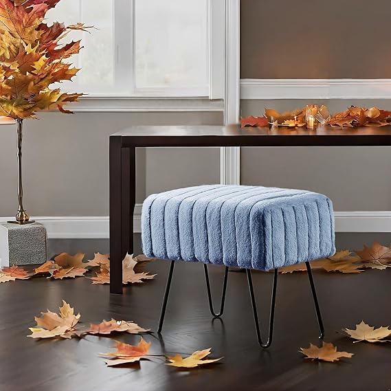 Home Soft Things Super Mink Faux Fur Blue Ottoman Bench 19" x 13" x 17", Blue Mirage, Living Room Foot Rest Stool Entryway Makeup Bench End of Bed Bedroom Home Decor Chair for Sitting