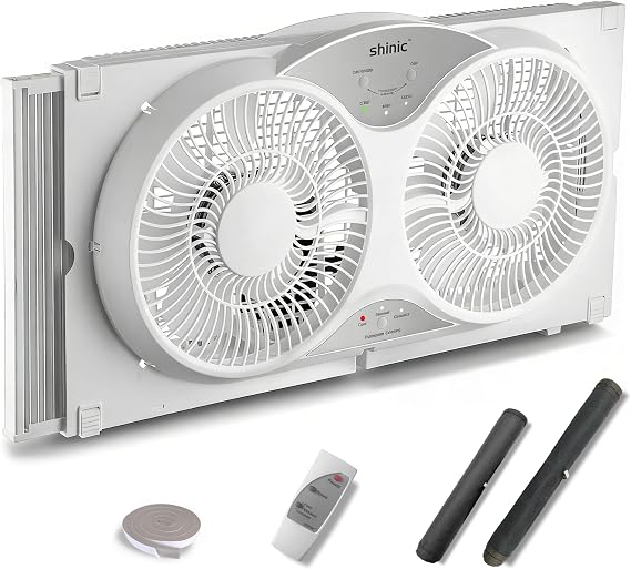 shinic 9" Twin Window Fan with Remote, Reversible Airflow, Fits 24"-37" | Window Exhaust Fan,Circulation,Cooling,Ventilation,Air Exchange,Remove Smoke for Kitchen,Bathroom,Bedroom,Pet Room
