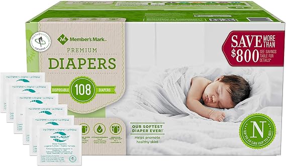 HAO M Mark Premium Baby Diapers - Newborn (0-10 lbs) 108 Count W/Moist Towelettes