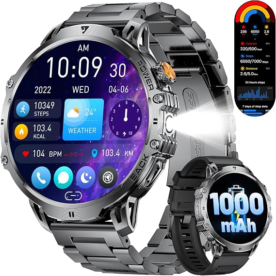 LIGE Men's Military Smartwatch - 1000 mAh/1.85 Inch HD Large Touch Screen/LED Light Fitness Watch with 110+ Sports Modes Heart/Sleep Tracking 2 Bracelets IP68 Waterproof Sports Watch for iOS