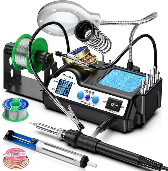 Preciva 927 IV Soldering Station Kit, 130W MAX Soldering Iron with 2 Helping Hands,Magnifying Glass,5 Extra Iron Tips,3 Preset Channels, Adjustable Temperature 194F to 896F