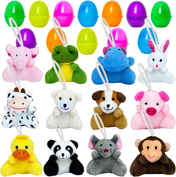 12 Pcs Pre-Filled Easter Eggs with Mini Plush Animal Toys, 2.8" Stuffed Animals Keychain in Surprise Plastic Eggs, Ready to Hide Easter Basket Stuffers Hunt, Party Favors for Kids