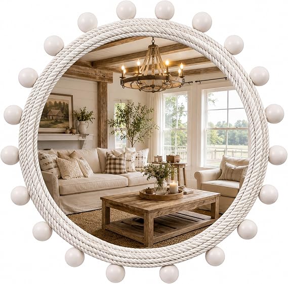 30" Round Rope Wall Mirror with 2 in Whitewashed Wood Beads