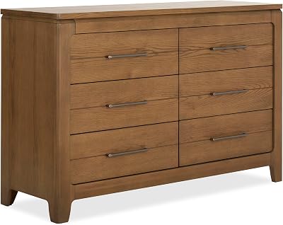 Evolur Oakley Double Dresser 6 Drawer Nursery & Bedroom Dresser, Solid Poplar Wood Storage Organizer, Hickory Finish, Durable Modern Design