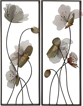 Deco 79 Metal Floral Home Wall Decor Wall Sculpture with Green and Orange Accents, set of 2 Wall Art 14" x 4" x 36", Black