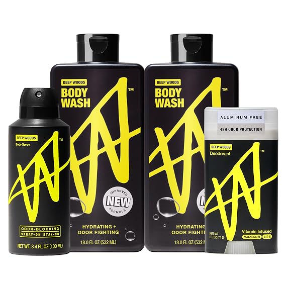 W by Jake Paul Mens Grooming Bundle Body Spray, Exfoliating Body Wash & Aluminum Free Antiperspirant, Odor Blocking, Vitamin-Infused, Deep Woods Scent