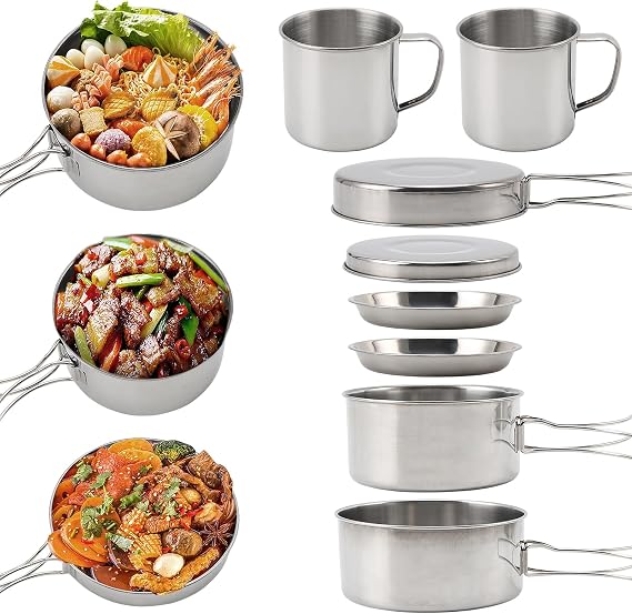 8 Pieces Camping Cookware Set, Foldable Outdoor Cooking Gear | Stainless Steel Pot Pan and Plate Kit for Parties, Hikes and Picnics