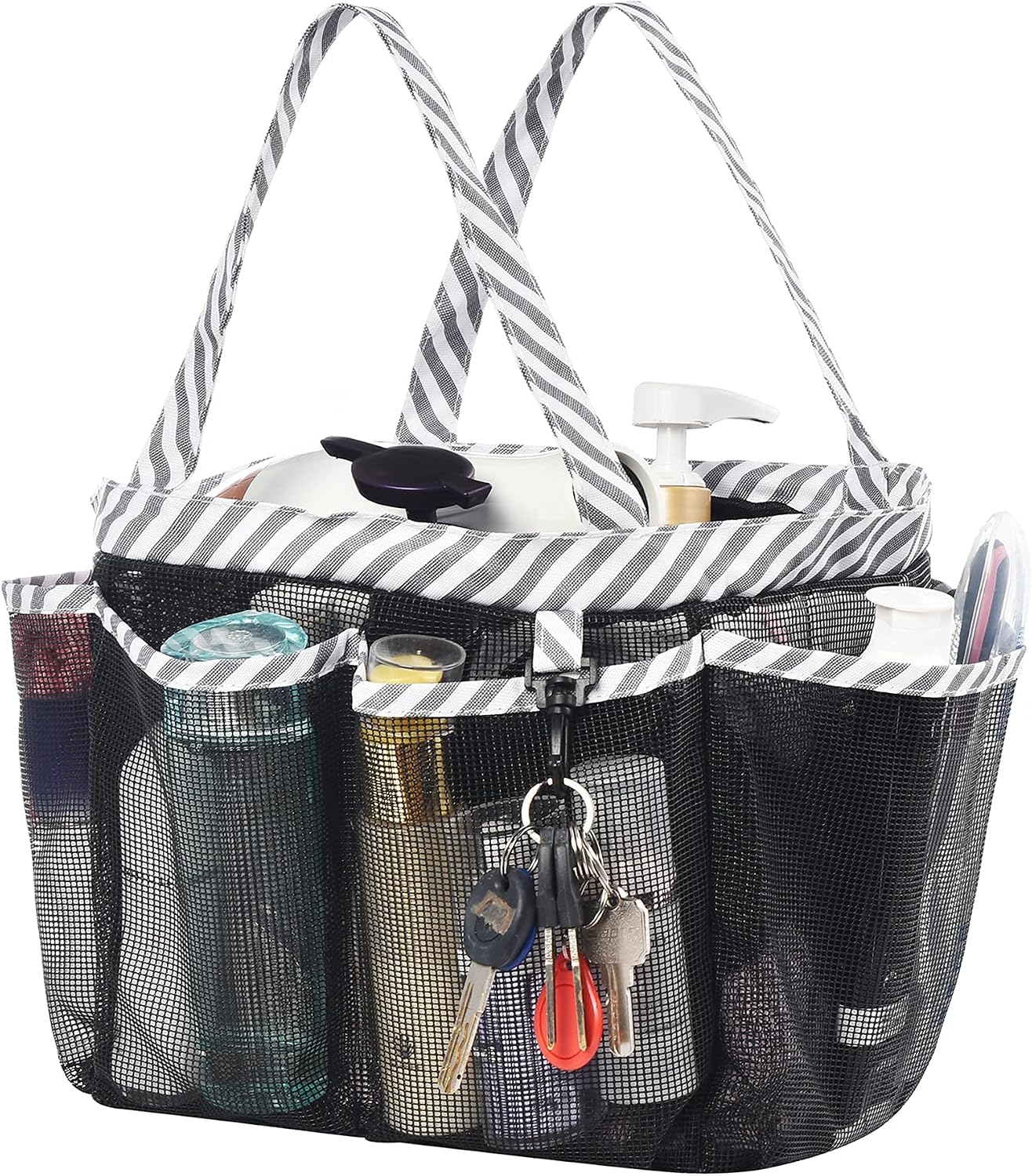 Mesh Shower Caddy Tote with Waterproof Inner Bag, Black Portable Shower Caddy for College Dorm Bathroom Camp, 8 Basket Pocket