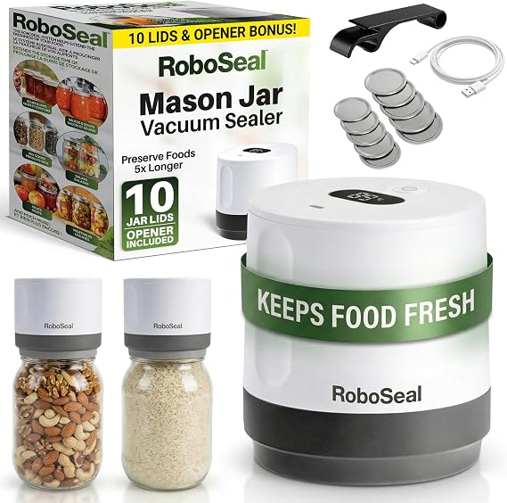 RoboSeal Rechargeable Mason Jar Vacuum Sealer with 10 Lids,