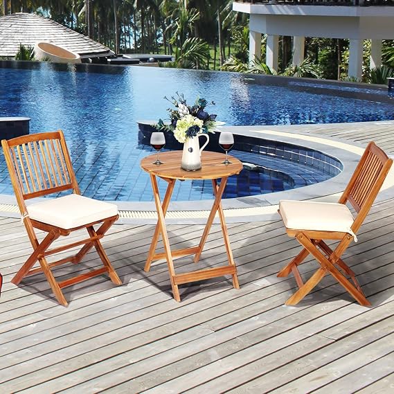 FANTASK 3 Pieces Folding Acacia Wood Bistro Set, Patio Furniture Set with Cushions & 1 Round Table, Indoor Outdoor Bistro Table and Chairs Set of 2 for Patio, Garden, Poolside, Porch, Lawn (Beige)