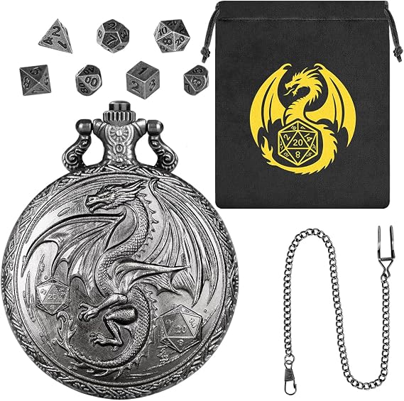 Mini DND Dice Set, Steampunk Winged Dragon Pocket Watch Shell Case, 7-Piece Polyhedral Metal D&D Dice, DND Gift Bag with Dragon Logo, Role Play Board Game Accessories, Dark Silver