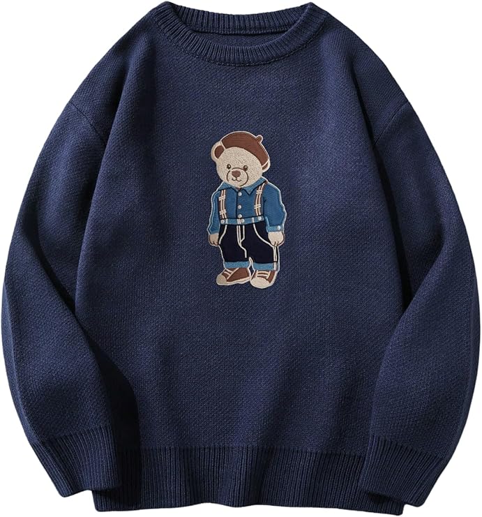 SHENHE Men's Oversized Crew Neck Cute Bear Sweater Vintage Unisex Preppy Graphic Sweater Jumper Deep Blue Large